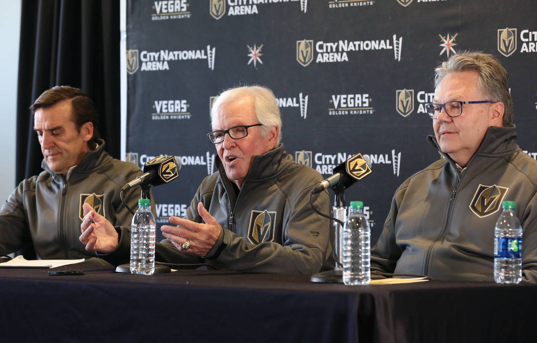 Golden Knights president of hockey operations George McPhee, left, and Kelly McCrimmon, the new ...