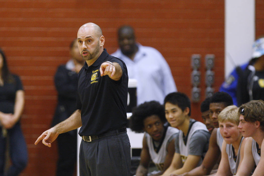 Clark head coach Chad Beeten directs his players against Mojave on Tuesday. Clark won 52-47 in ...