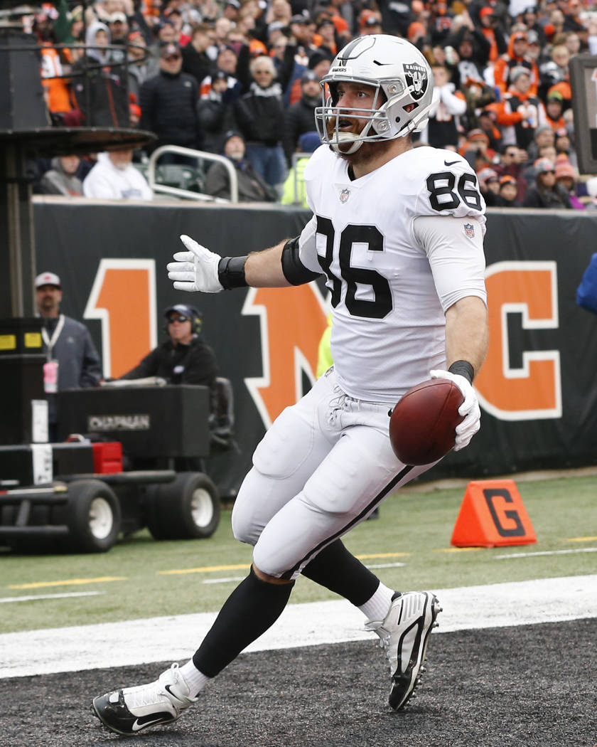 Oakland Raiders tight end Lee Smith celebrates scoring a touchdown in the first half of an NFL ...