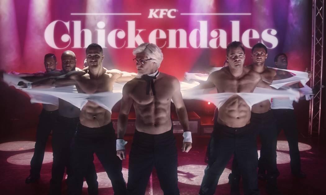 Ryan Kelsey and the "Chippendales" at the Rio cast are shown as the KFC "Chickendales" for the ...