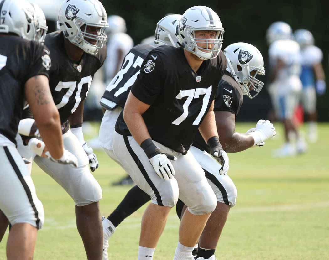 Oakland Raiders offensive tackle Kolton Miller (77) warms up at the team's NFL training camp in ...