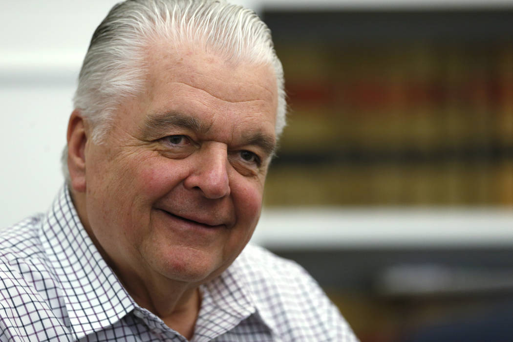 Nevada Gov. Steve Sisolak talks about his first 100 days in office, at the Capitol, in Carson C ...