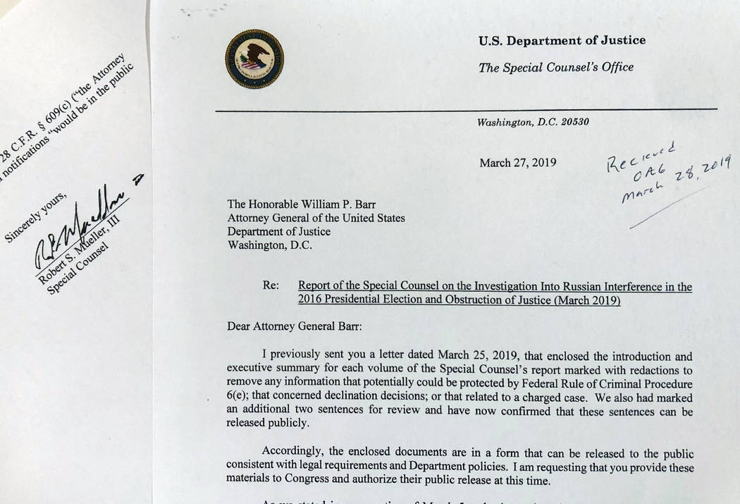 The letter special counsel Robert Mueller sent to Attorney General William Barr on March 27, 20 ...