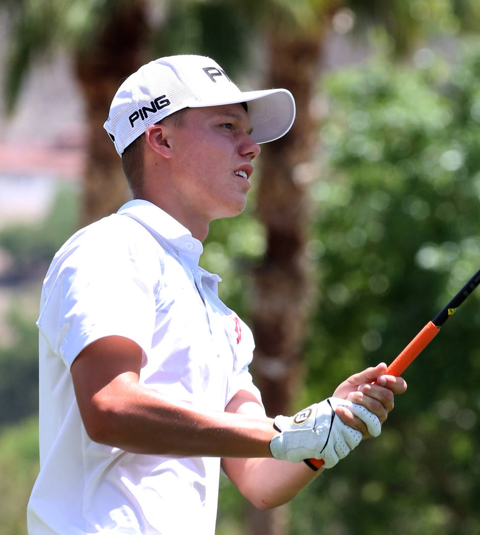 Arbor View's Hazen Newman watches his drive during the Nevada State High School Regional Golf T ...