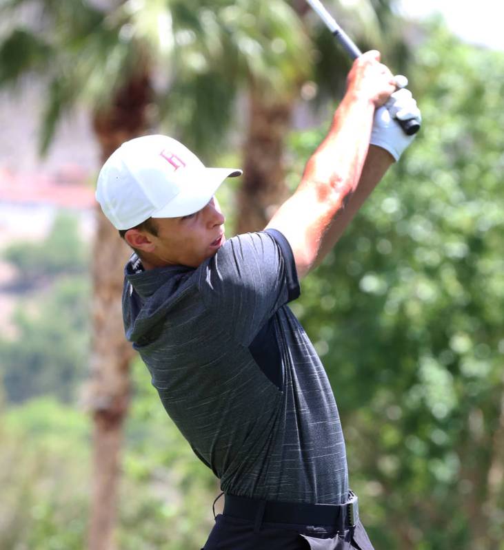 Faith Lutheran's Cannon Olkowski hits a drive during the Nevada State High School Regional Golf ...