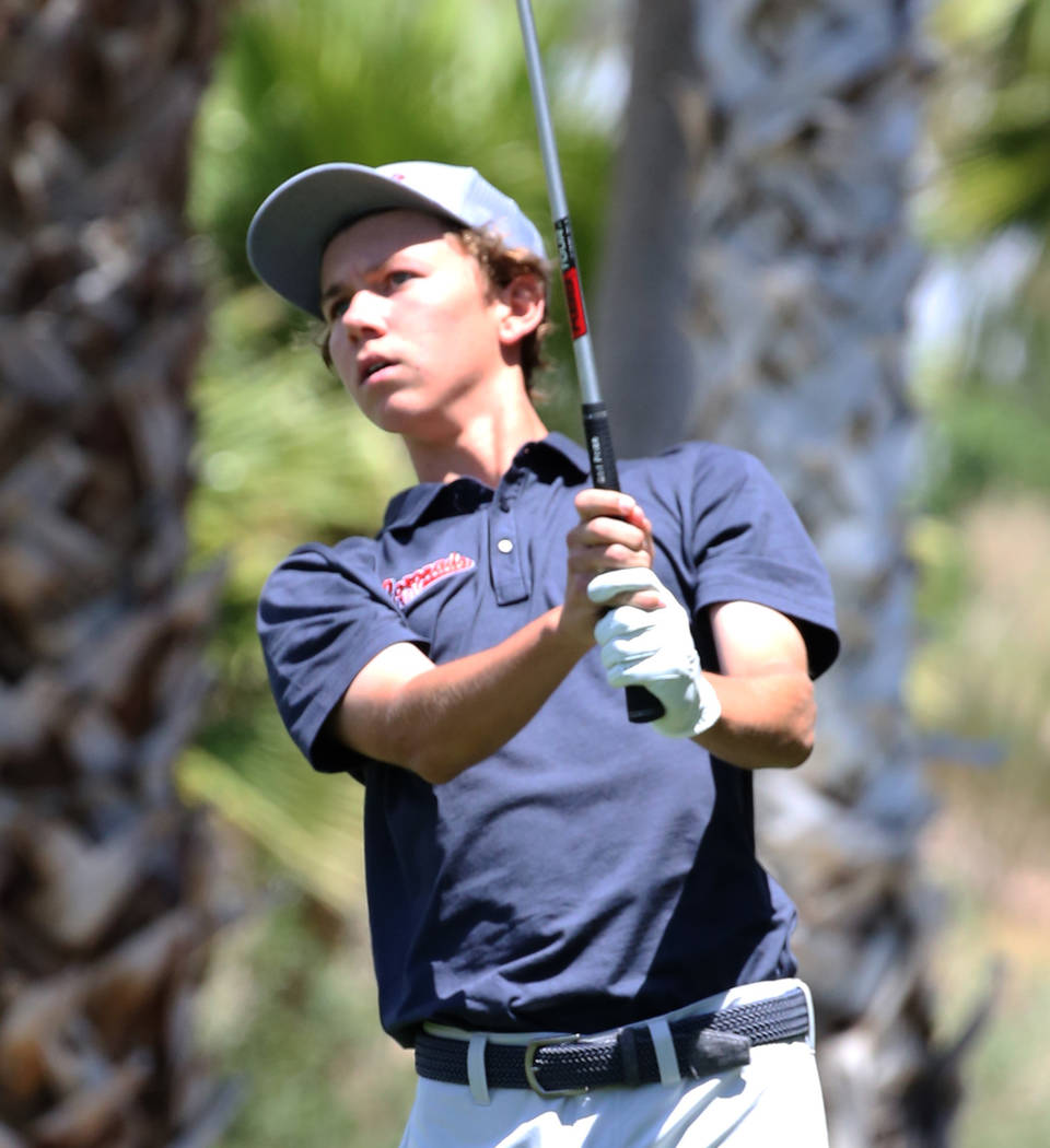 Coronado High's Brett Sodetz watches his drive during the Nevada State High School Regional Gol ...