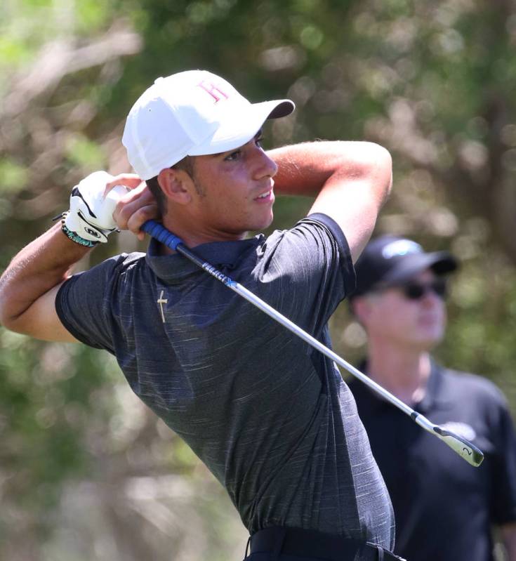 Faith Lutheran's Tyler Smerz watches his drive during the Nevada State High School Regional Gol ...