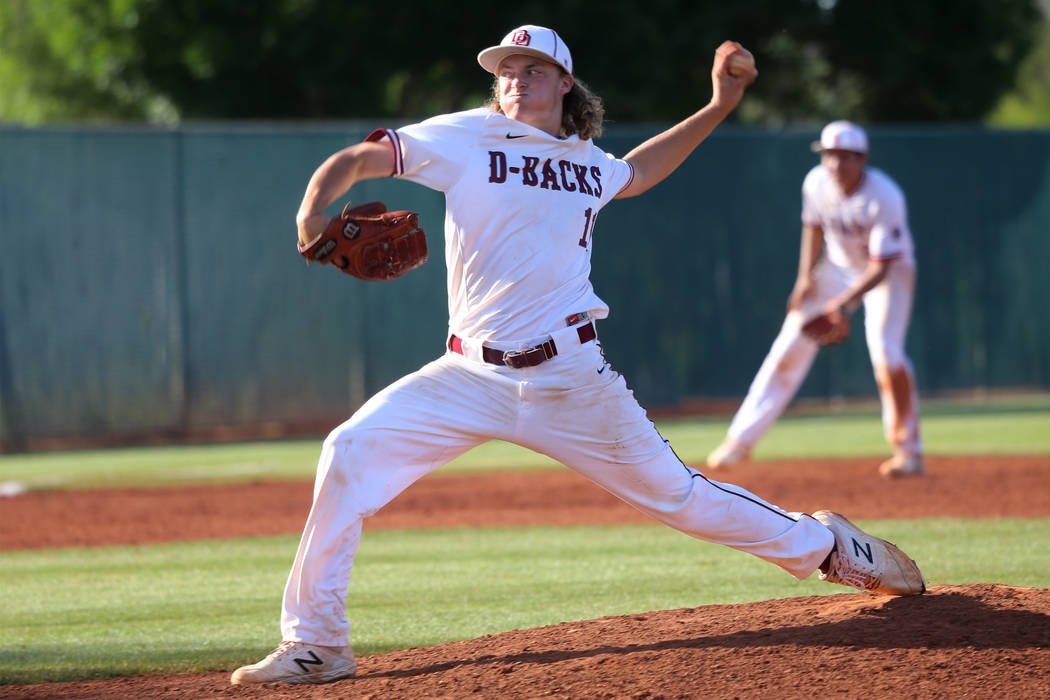 Desert Oasis' Josh Sharman (11) pitches against Basic in the Desert Region championship basebal ...