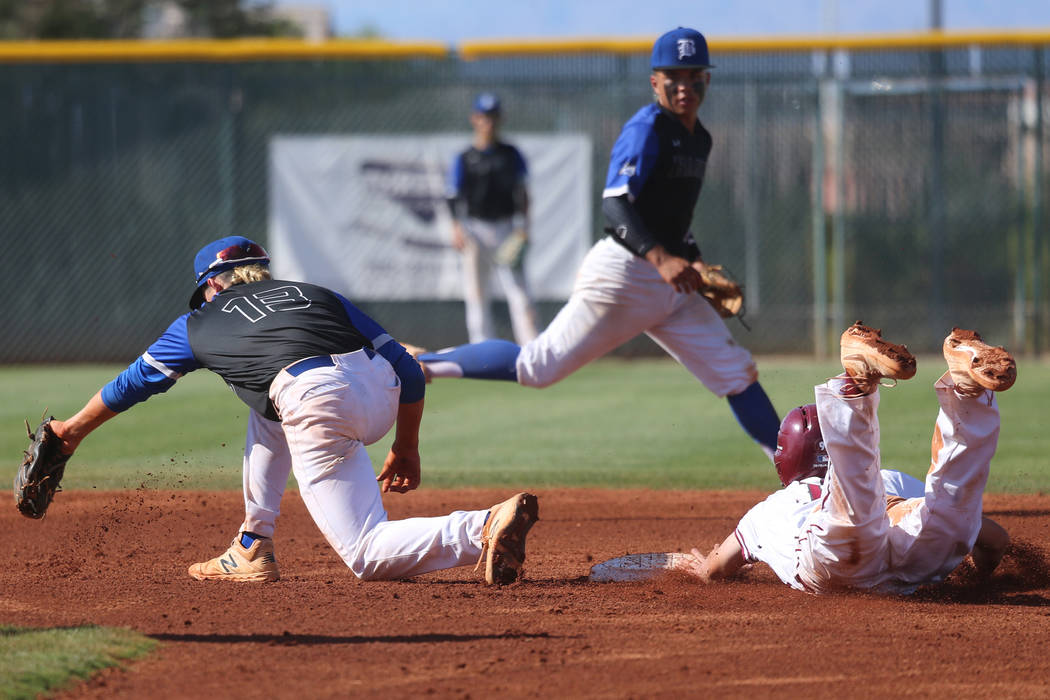 Desert Oasis' Colby Smith (10) steals second base safely against Basic's Dalton Miller (13) in ...