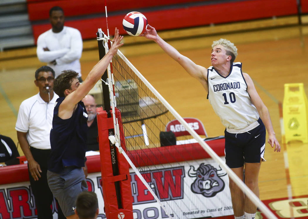 Coronado's Randy Cowles (10) gets the ball past Foothill's Matteo Forghieri (9) during the Dese ...