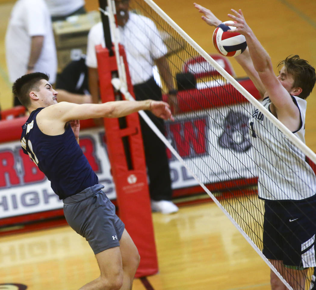 Coronado's Joseph Tyssee (11) blocks a shot from Foothill's Dylan Hushaw (12) during the Desert ...