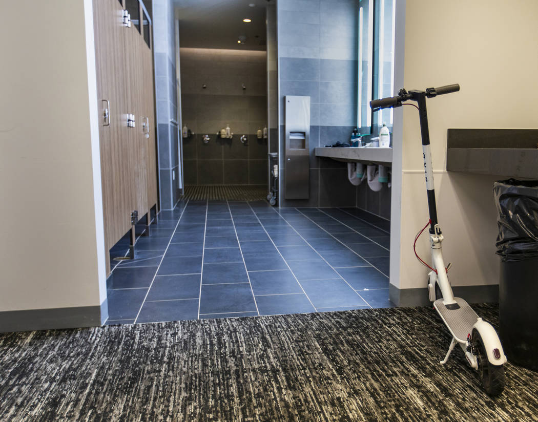 An electric scooter is parked in the Aviators clubhouse at the Las Vegas Ballpark, the room one ...