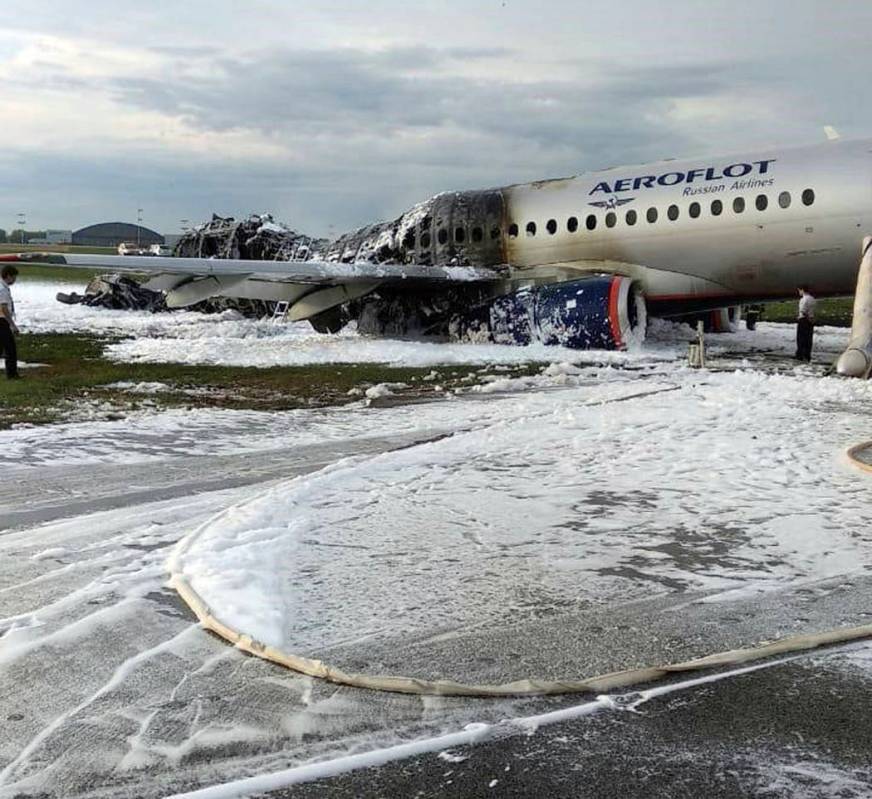 The Sukhoi Superjet 100 aircraft of Airflot Airlines, center, is seen after an emergency landin ...