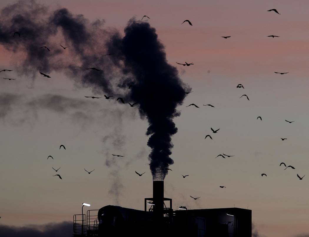 FILE - In this Dec. 4, 2018, file photo, birds fly past a smoking chimney in Ludwigshafen, Germ ...