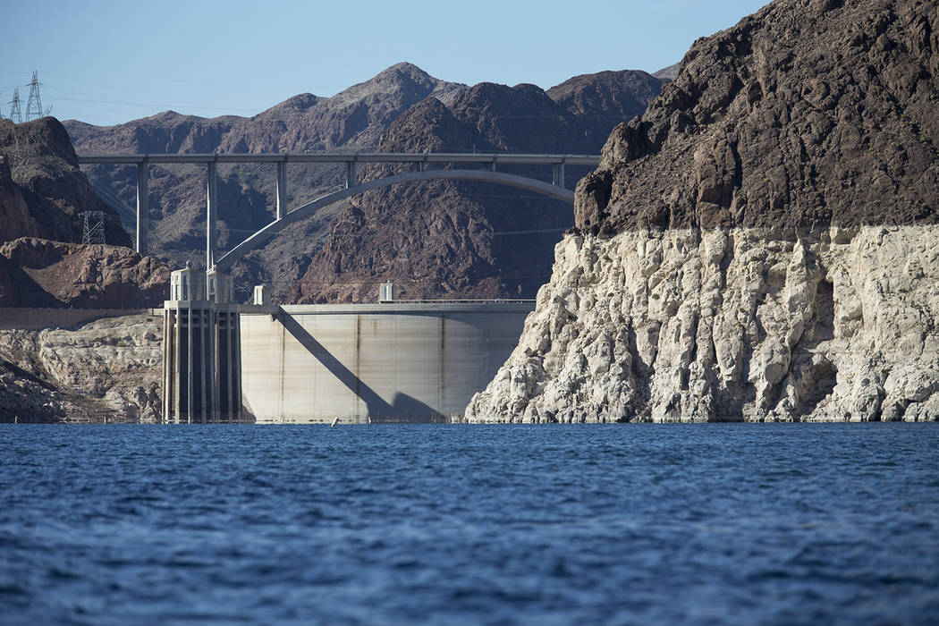 Hoover Dam and the Mike O'Callaghan-Pat Tillman Memorial Bridge are seen from the Colorado Rive ...