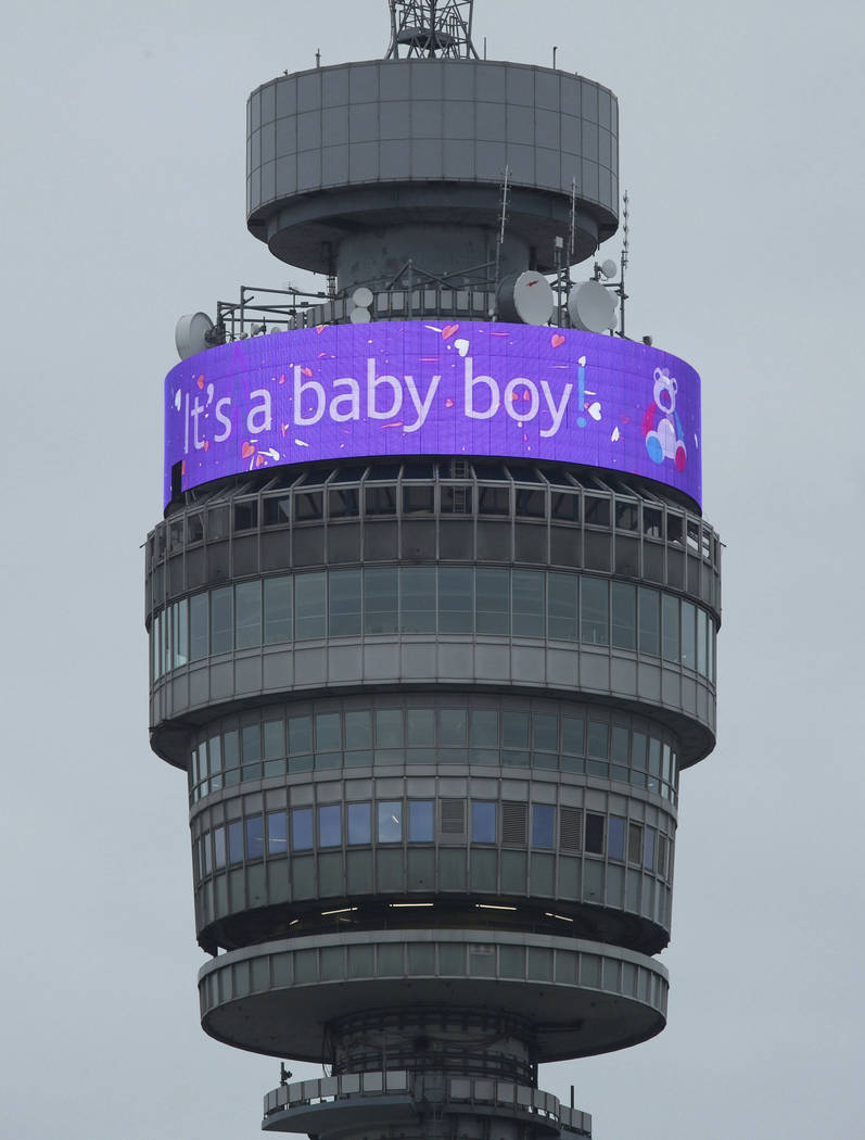 The BT Tower displays a message in celebration of the birth of Prince Harry, and Meghan, the Du ...