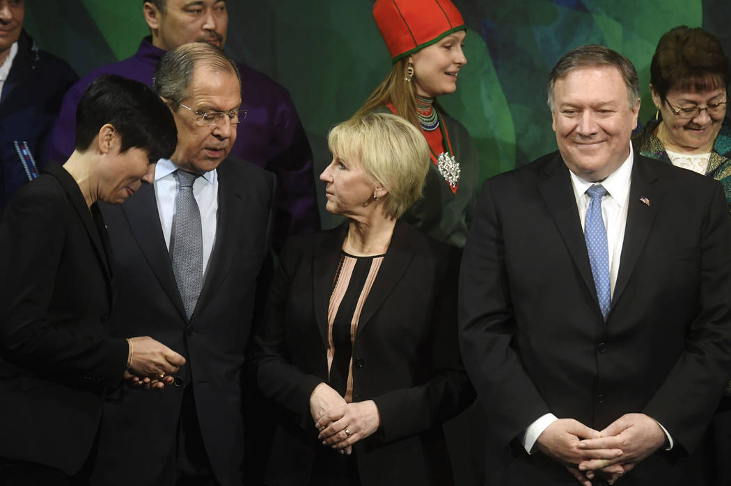 From left, Norwegian Foreign Minister Ine Marie Eriksen Soreide, Russia's Foreign Minister Serg ...