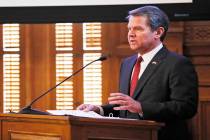 In this Wednesday, Jan. 23, 2019, file photo, Georgia Gov. Brian Kemp addresses the 2019 Season ...