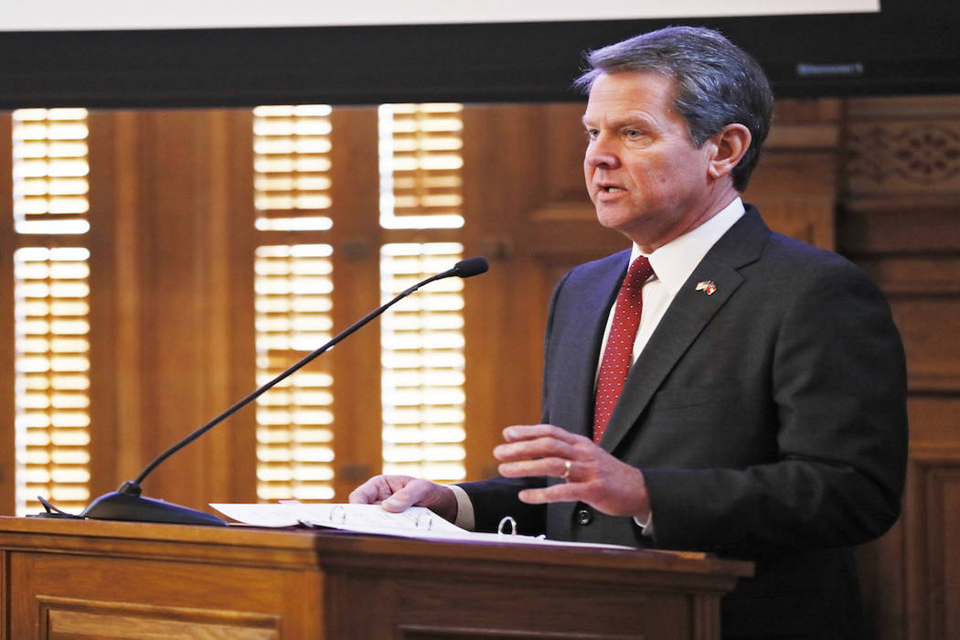 In this Wednesday, Jan. 23, 2019, file photo, Georgia Gov. Brian Kemp addresses the 2019 Season ...