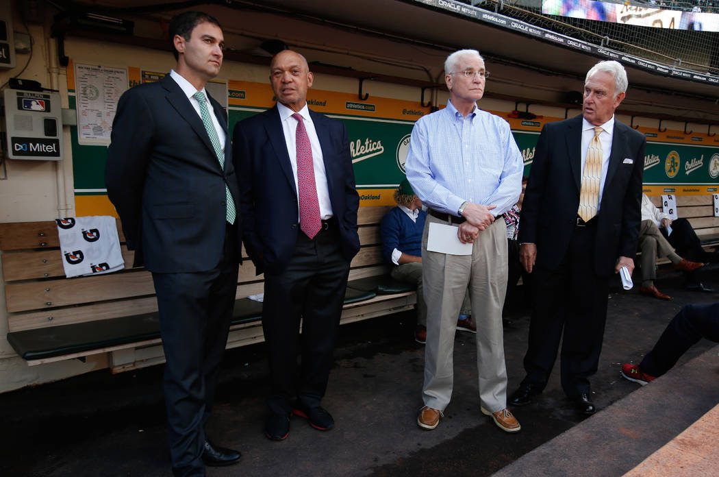 Oakland Athletics broadcaster Ken Korach (far right) a Las Vegas resident, prepares to lead an ...