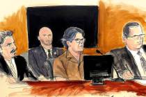 In this April 13, 2018 courtroom sketch, Keith Raniere, center, leader of the secretive group N ...