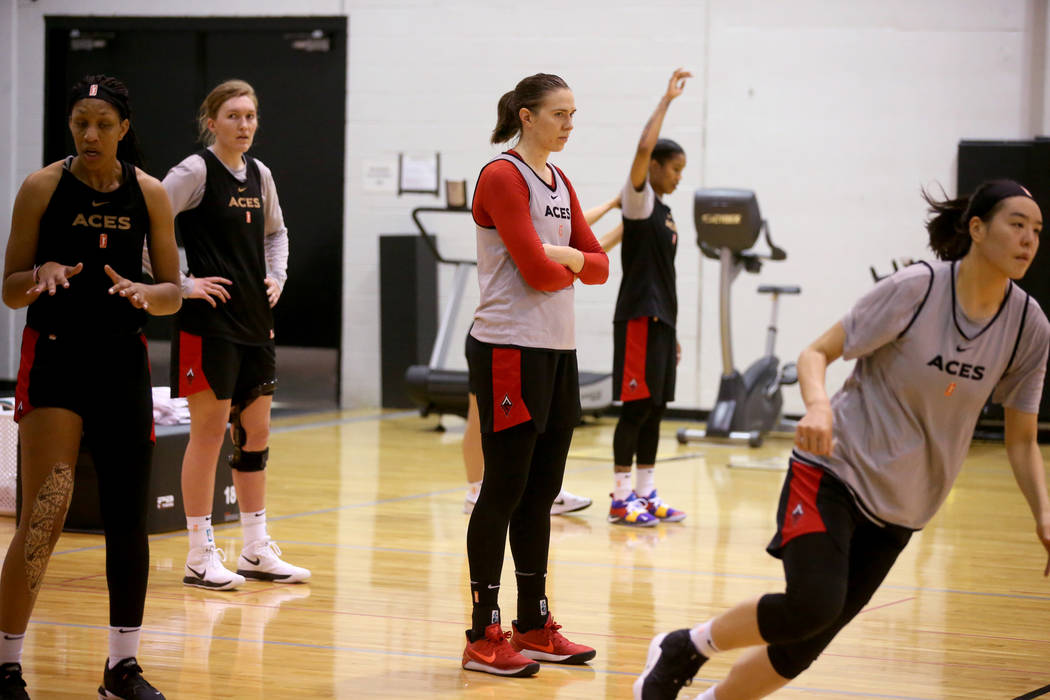 Aces center Ruth Hamblin watches a drill during practice at Cox Pavilion in Las Vegas Wednesday ...