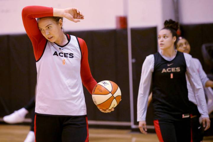 Aces center Ruth Hamblin, left, takes a break with teammate guard Kayla McBride during practice ...