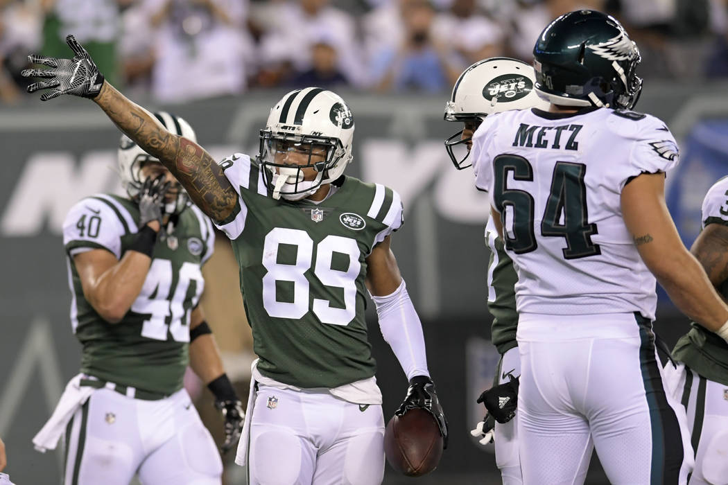 New York Jets wide receiver Jalin Marshall (89) gestures after running with the ball against th ...