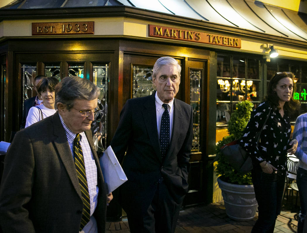 Special counsel Robert Mueller departs after having dinner at Martin's Tavern in Georgetown, Mo ...