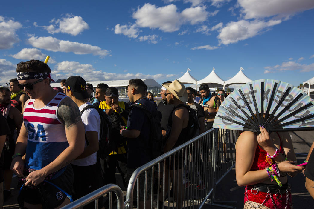 Electric Daisy Carnival attendees line up to enter the Las Vegas Motor Speedway in Las Vegas on ...