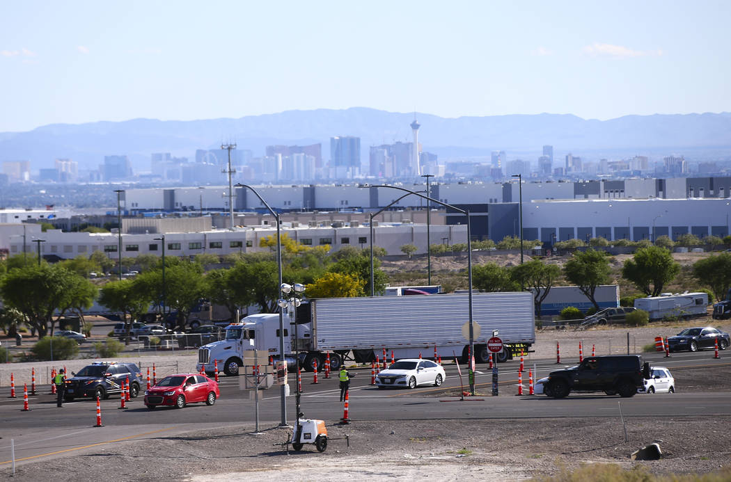 Traffic along the Speedway Boulevard exit from Interstate 15 as Electric Daisy Carnival attende ...