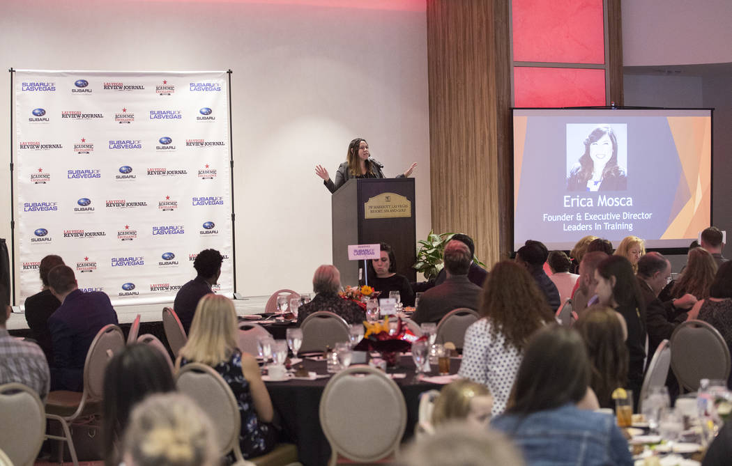 Erica Mosca, founder and executive director of Leaders in Training, speaks during the Las Vegas ...