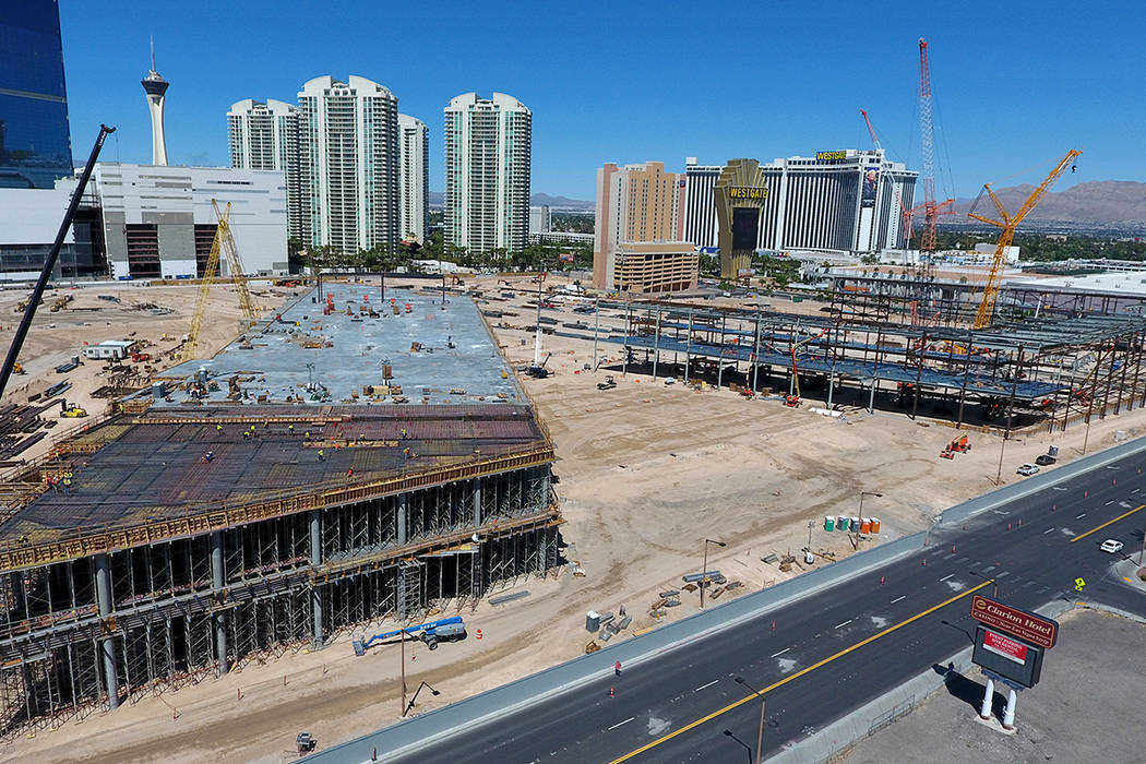 Aerial view of the Las Vegas Convention Center expansion on April 18, 2019. (Michael Quine/Las ...