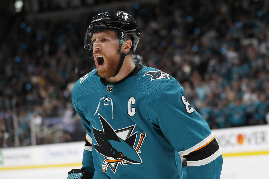 San Jose Sharks center Joe Pavelski (8) celebrates after scoring a goal against the Colorado Av ...