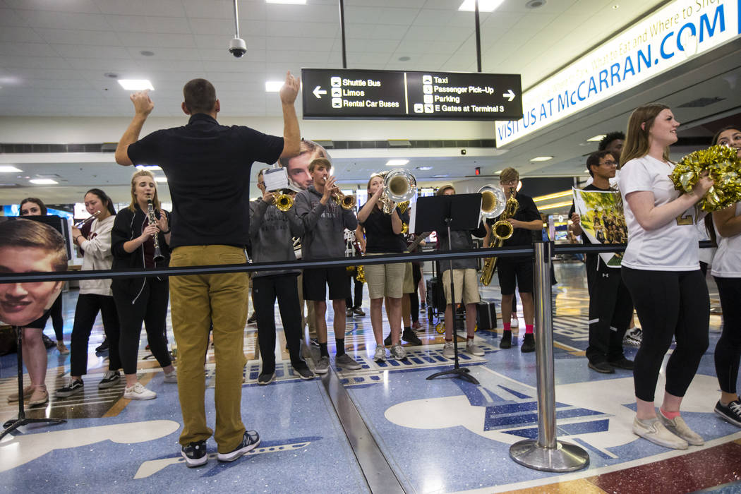 Members of Faith Lutheran's band performs as part of a welcome party for senior Mark Wilbourne ...