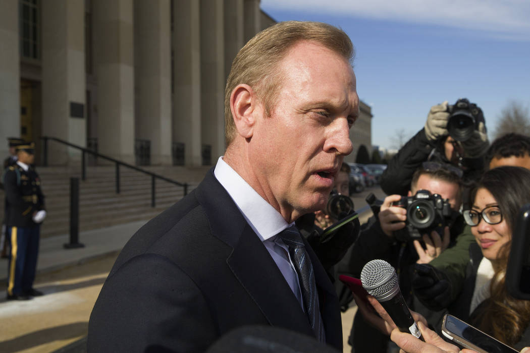 Acting Defense Secretary Pat Shanahan speaks with the media as he waits for the arrival of NATO ...