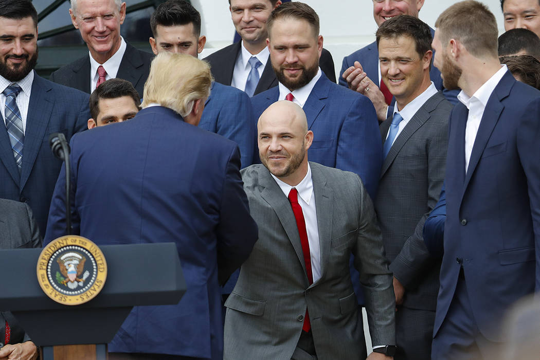 President Donald Trump, left, shakes hands with Steve Pearce, center, during a ceremony on the ...