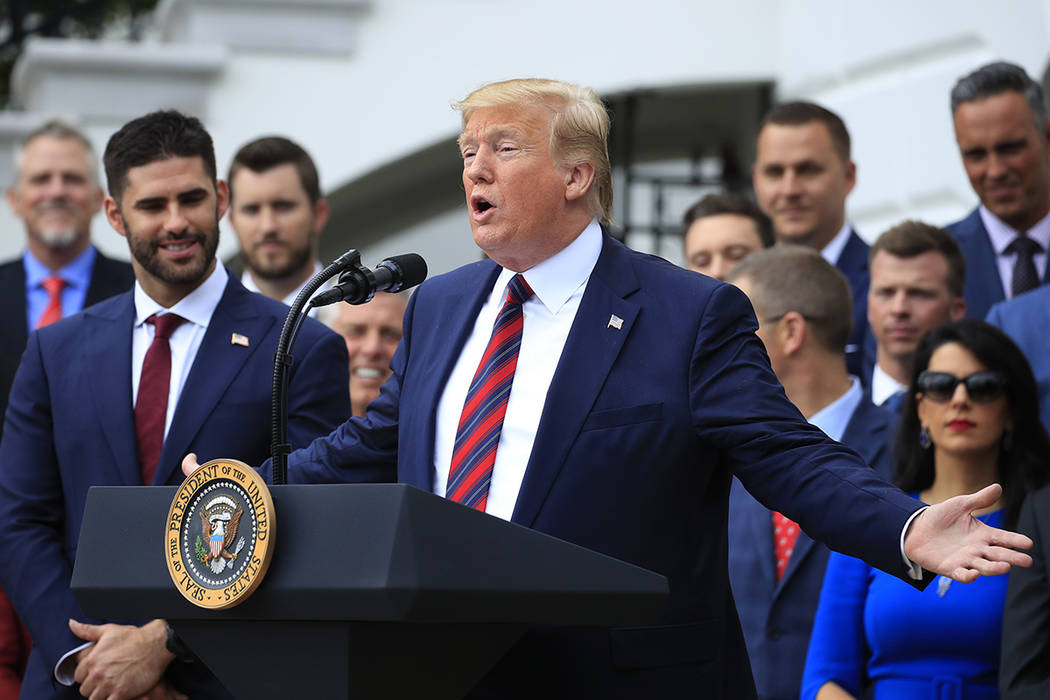 President Donald Trump speaks during a ceremony on the South Lawn of the White House in Washing ...