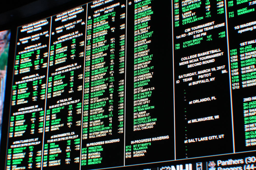 The gambling board at the Westgate in Las Vegas during the NCAA March Madness tournament on Mar ...
