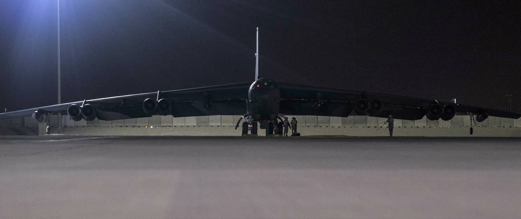 A B-52H Stratofortress assigned to the 20th Expeditionary Bomb Squadron is parked on the ramp a ...