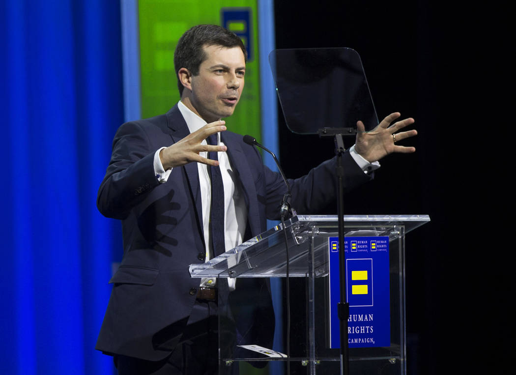 Democratic presidential candidate Pete Buttigieg speaks at the 14th Annual HRC Las Vegas Dinner ...