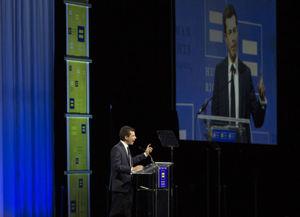 Democratic presidential candidate Pete Buttigieg speaks at the 14th Annual HRC Las Vegas Dinner ...