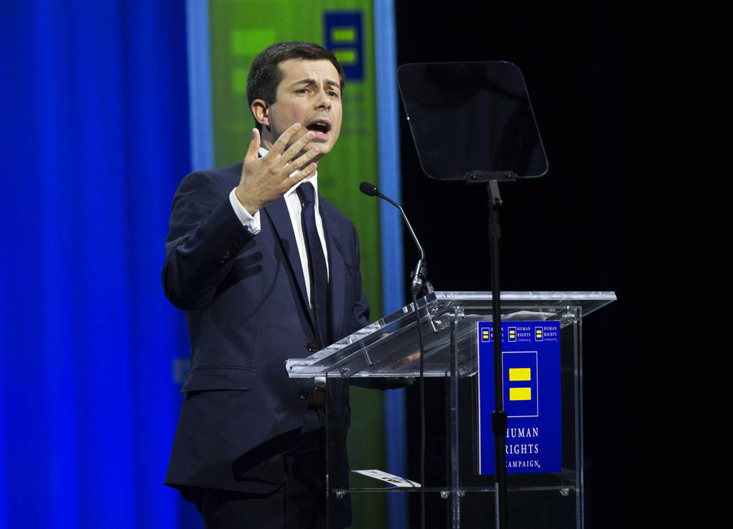 Democratic presidential candidate Pete Buttigieg speaks at the 14th Annual HRC Las Vegas Dinner ...