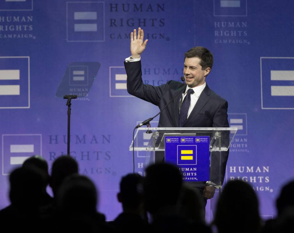 Democratic presidential candidate Pete Buttigieg waves to the audience at the 14th Annual HRC L ...