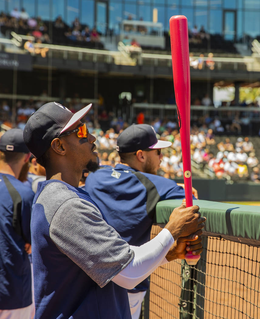 Aviators shortstop Jorge Mateo (14) watches his teammates from the dugout as they face the Taco ...