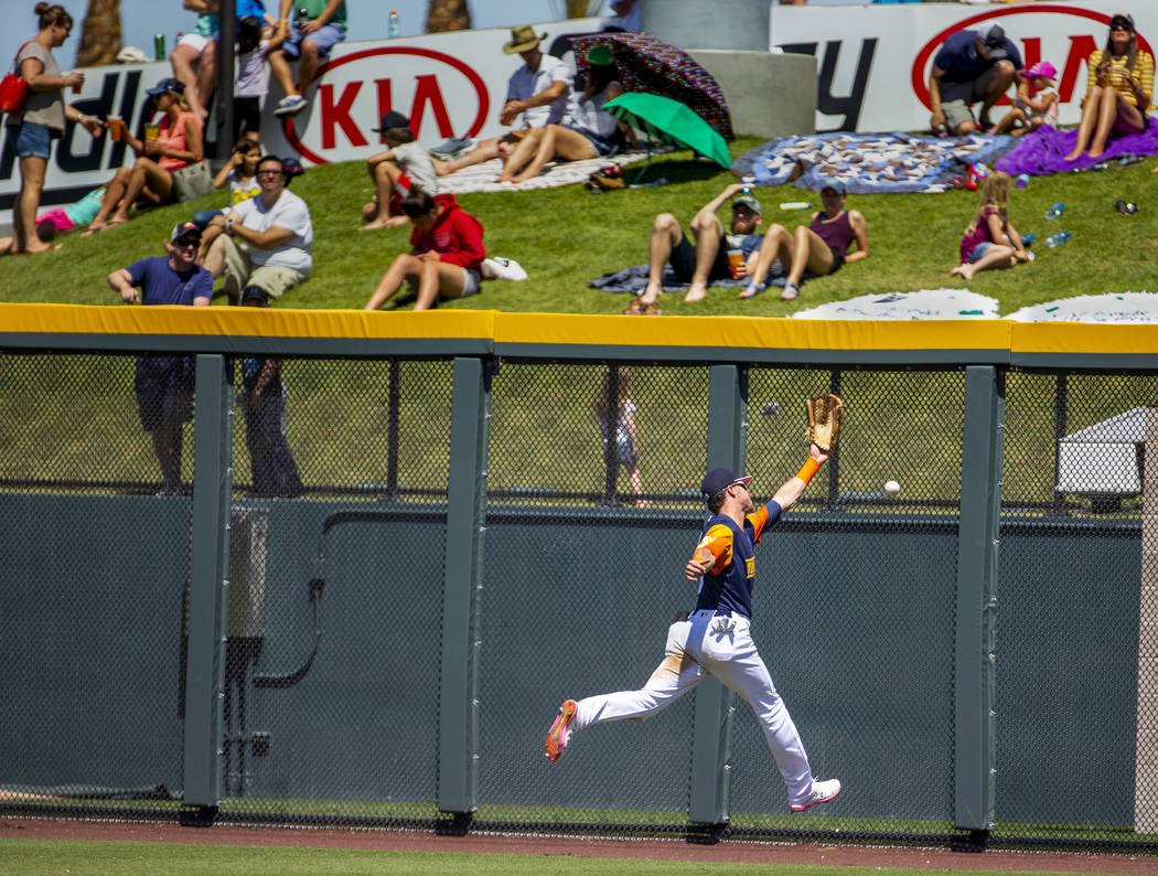 The Aviators Skye Bolt (8) misses a deep fly ball in right field hit off the wall by the Tacoma ...