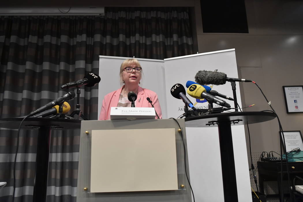 Vice chief prosecutor Eva-Britt speaks at a press conference in Stockholm, Sweden, Monday May 1 ...