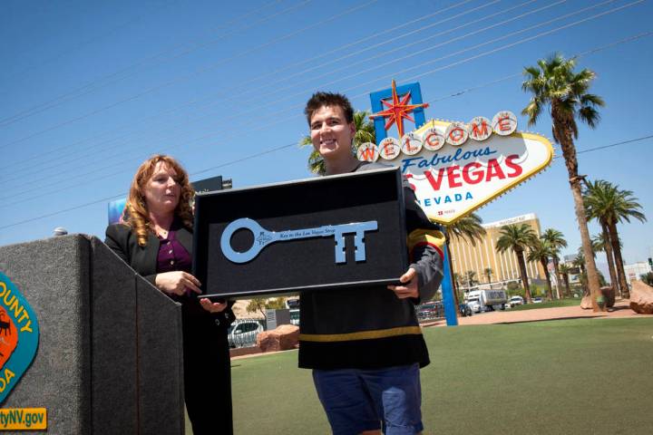 Clark County Commission Chairman Marilyn Kirkpatrick, left, stands for a photograph with " ...