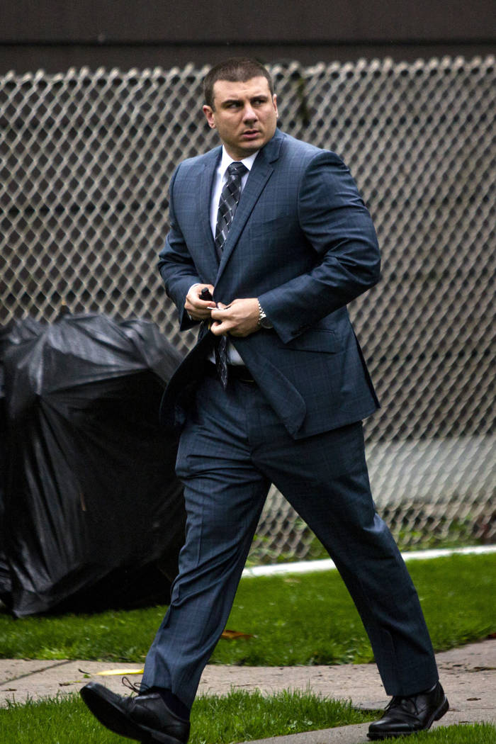 New York City police officer Daniel Pantaleo leaves his house Monday, May 13, 2019, in Staten I ...