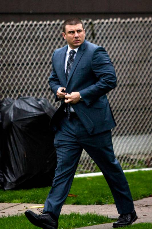 New York City police officer Daniel Pantaleo leaves his house Monday, May 13, 2019, in Staten I ...